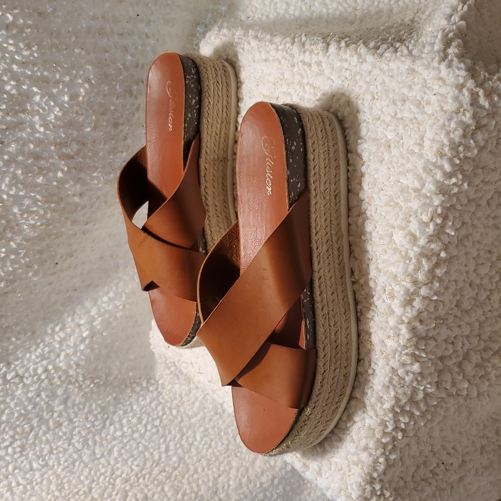 Glisten Camel Color Leather Espadrille Platform Sandals Size 8.5 - Picture 4 of 10